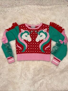 Well Worn Girls Red Green Pink Unicorn Sweater